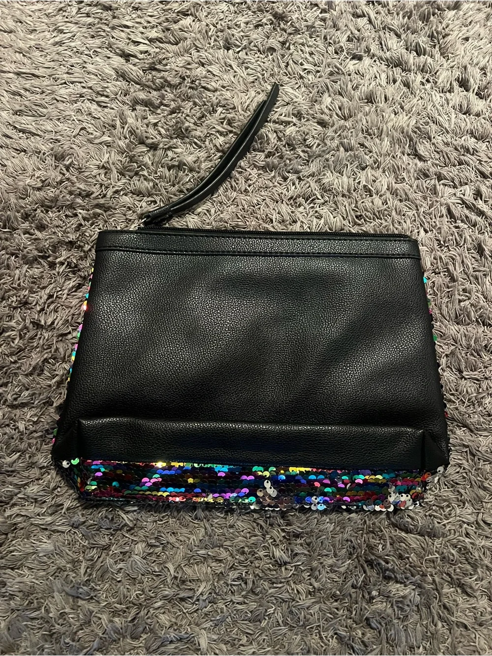 Victoria's Secret black Multicolor rainbow Sequin Cosmetic Pouch make up bag NEW